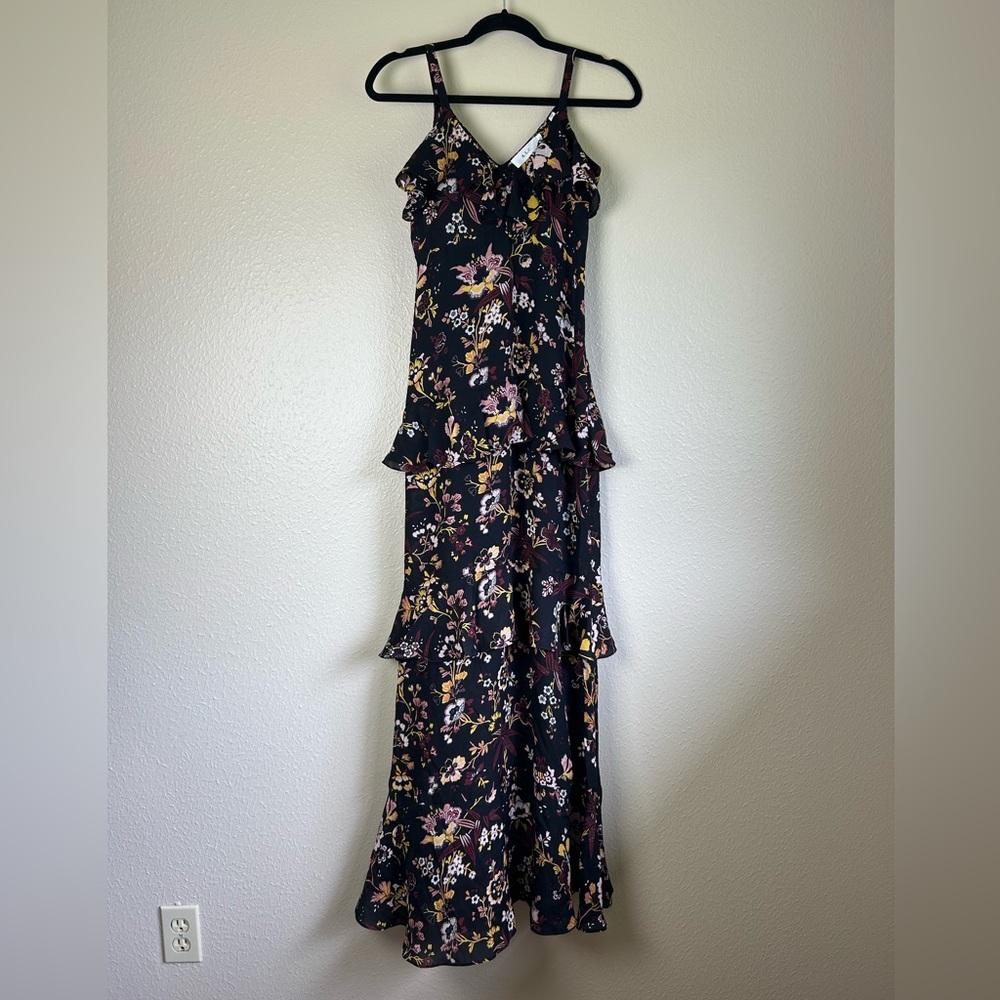A.L.C. Zaydena Floral Silk Maxi Dress Black Floral Print Ruffle Spaghetti Strap - Picture 4 of 10